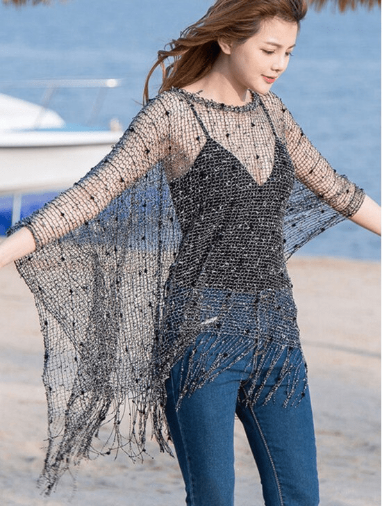 U at Home Crochet Knit Sleeved Top Black & White