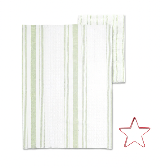 U at Home Green Stripe Tea Towel with Cookie Cutter Set of 2