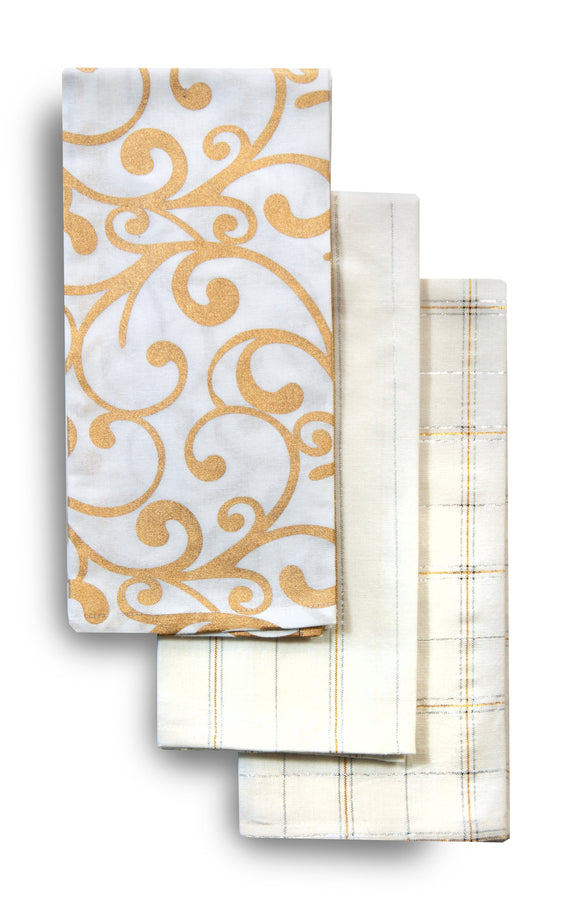 U at Home Holiday Swirl White and Gold Dish Towels Set of 3