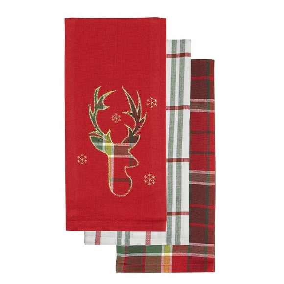 U at Home Reindeer Plaid Tea Towel Set of 3