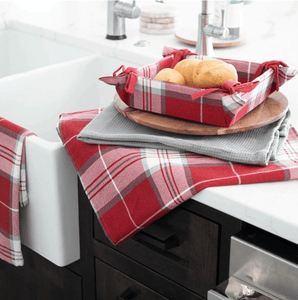 U at Home Tea Towel/Basket 4Pc- Red Plaid