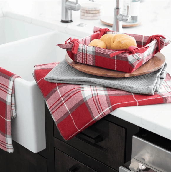 U at Home Tea Towel/Basket 4Pc- Red Plaid
