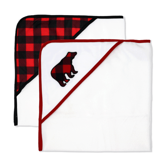 U at Home 2 Pk Microfiber Hooded Towels Set-Red Buffalo Bear
